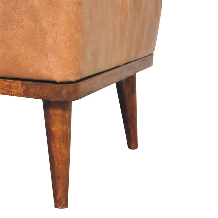 Farmhouse Tan Buffalo Leather Footstool - Solid Mango Wood Accent Stool for Living Room - product view 7 showing...