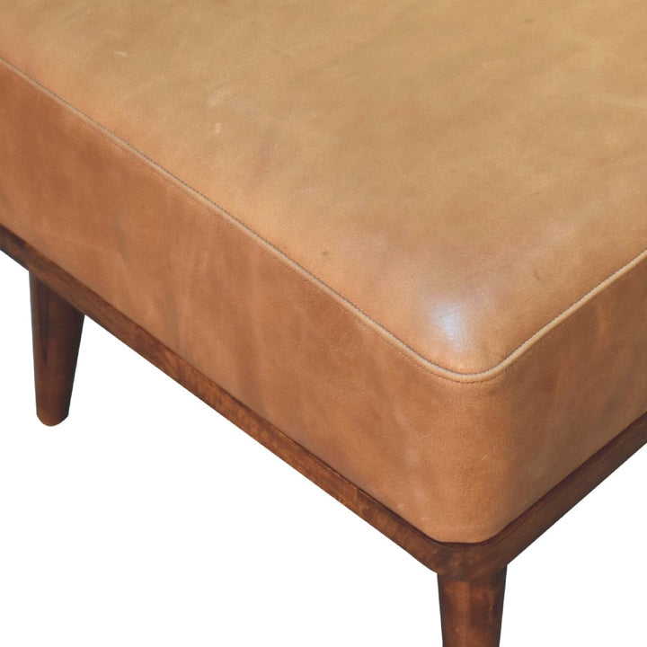 Farmhouse Tan Buffalo Leather Footstool - Solid Mango Wood Accent Stool for Living Room - product view 5 showing...