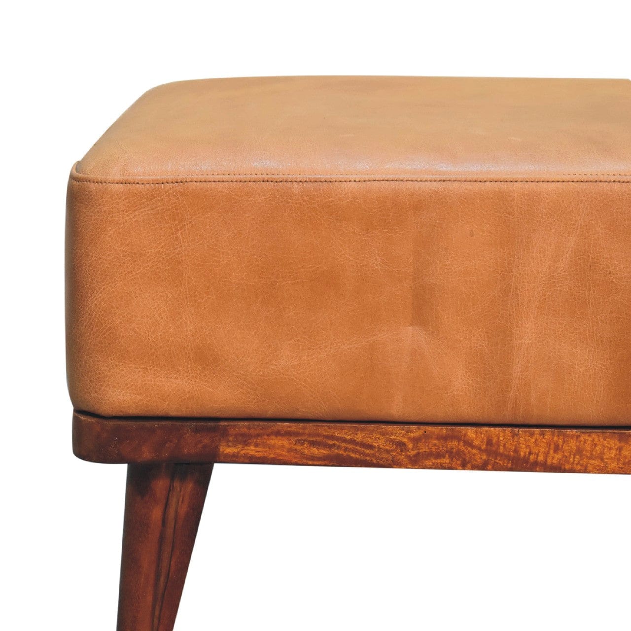Farmhouse Tan Buffalo Leather Footstool - Solid Mango Wood Accent Stool for Living Room - product view 4 showing...