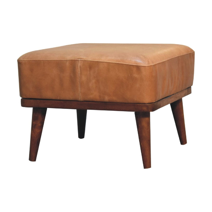 Farmhouse Tan Buffalo Leather Footstool - Solid Mango Wood Accent Stool for Living Room - product view 3 showing...