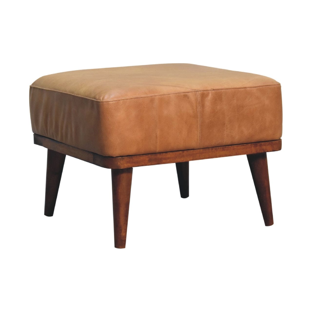 Farmhouse Tan Buffalo Leather Footstool - Solid Mango Wood Accent Stool for Living Room - product view 2 showing...