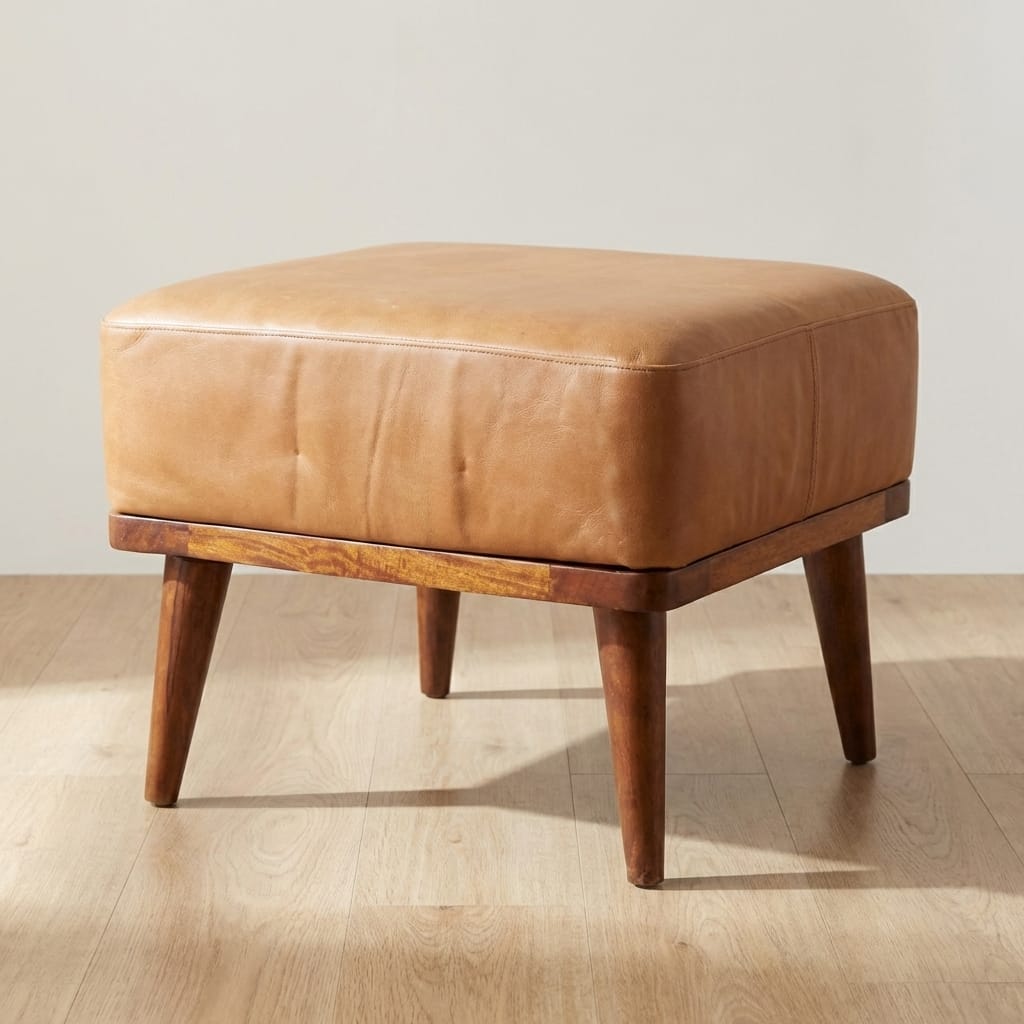 Farmhouse Tan Buffalo Leather Footstool - Solid Mango Wood Accent Stool for Living Room - main view showing handcrafted...