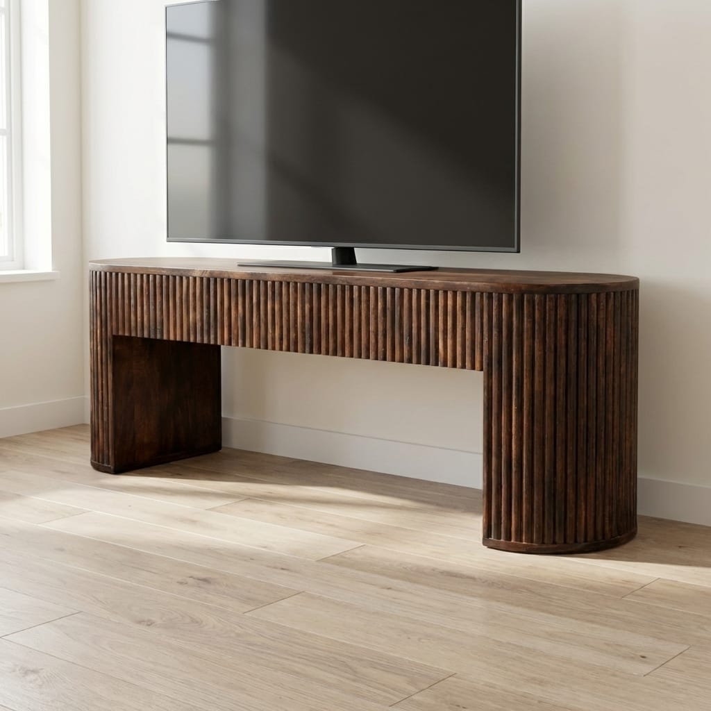 Farmhouse Velvet Mocha TV Stand - Solid Mango Wood Entertainment Unit for Living Room - main view showing handcrafted...