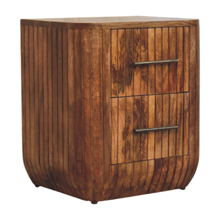 Fluted Bedside Table with Drawers - Solid Mango Wood Nightstand for Bedroom - product view 2 showing handcrafted solid...