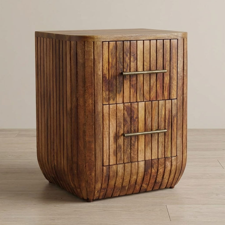 Fluted Bedside Table with Drawers - Solid Mango Wood Nightstand for Bedroom - main view showing handcrafted solid mango...