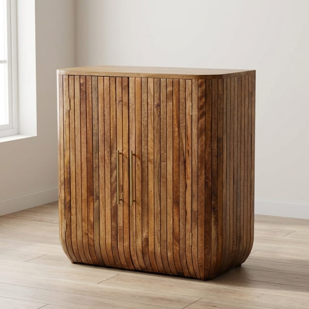 Fluted Curve Sideboard - Solid Mango Wood Storage Cabinet for Living Room & Hallway - main view showing handcrafted solid...