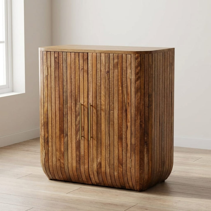 Fluted Curve Sideboard - Solid Mango Wood Storage Cabinet for Living Room & Hallway - main view showing handcrafted solid...