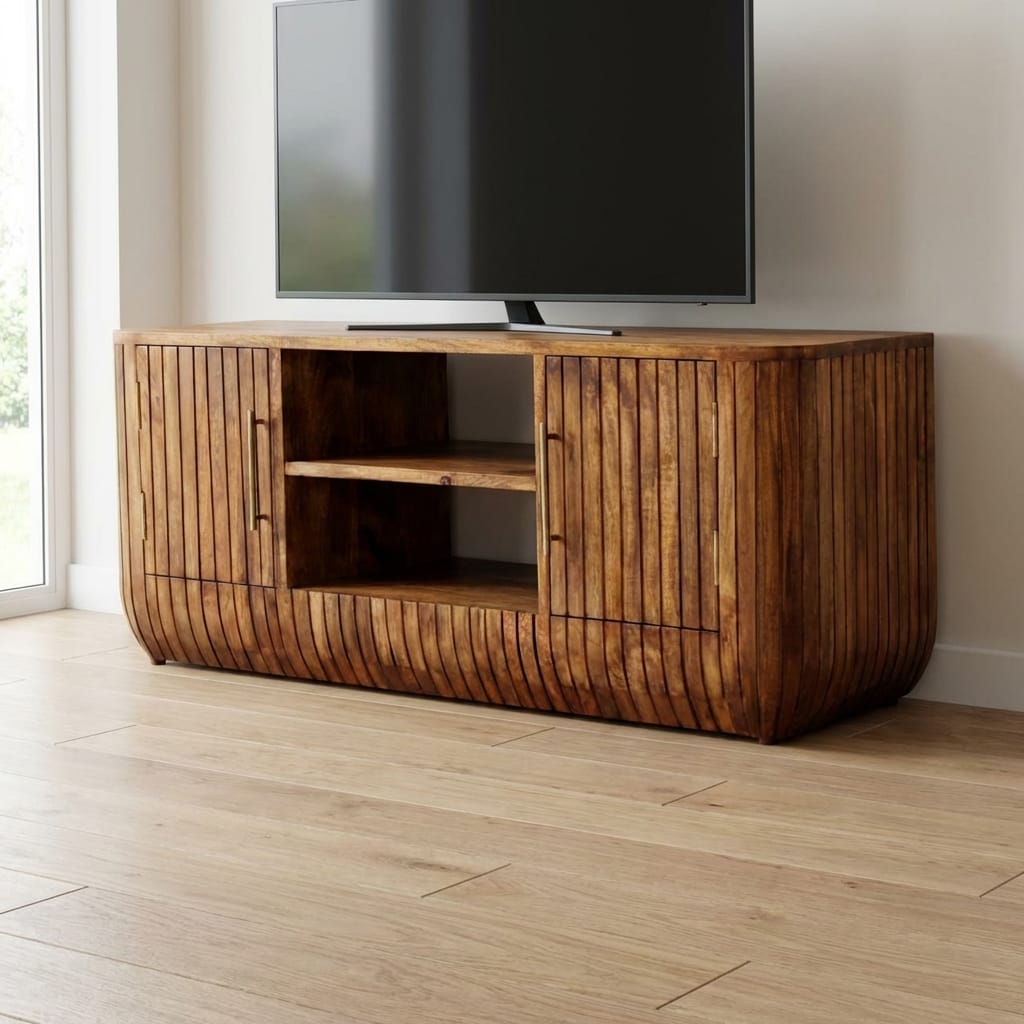 Fluted Media Console with Shelves - Solid Mango Wood TV Stand for Living Room - main view showing handcrafted solid mango...