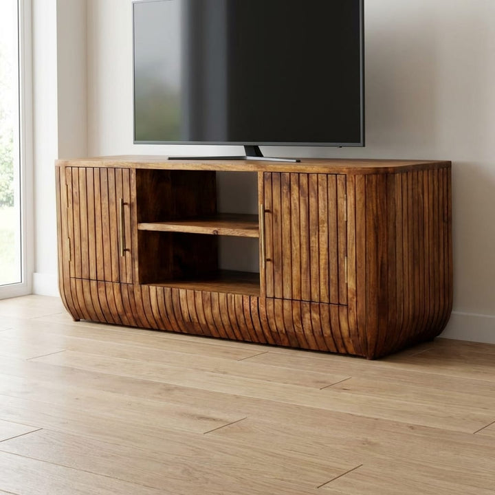 Fluted Media Console with Shelves - Solid Mango Wood TV Stand for Living Room - main view showing handcrafted solid mango...