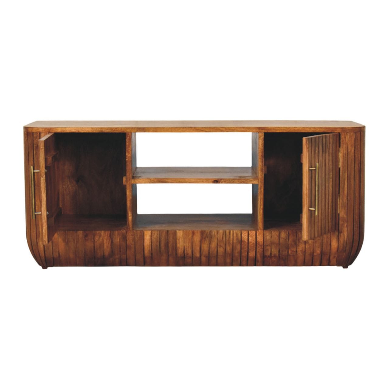 Fluted Media Console with Shelves - Solid Mango Wood TV Stand for Living Room - product view 6 showing handcrafted solid...