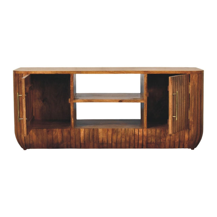 Fluted Media Console with Shelves - Solid Mango Wood TV Stand for Living Room - product view 6 showing handcrafted solid...