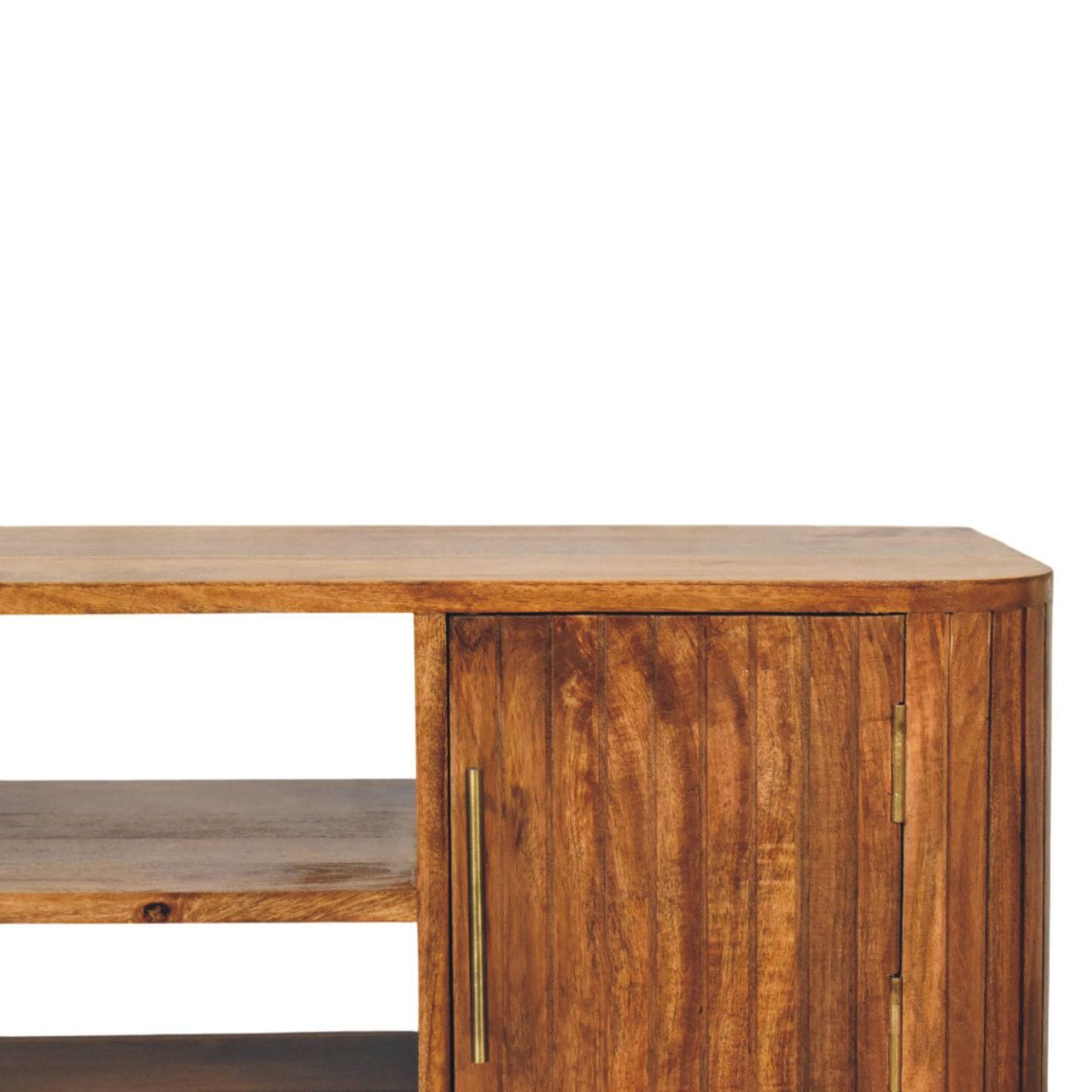 Fluted Media Console with Shelves - Solid Mango Wood TV Stand for Living Room - product view 4 showing handcrafted solid...