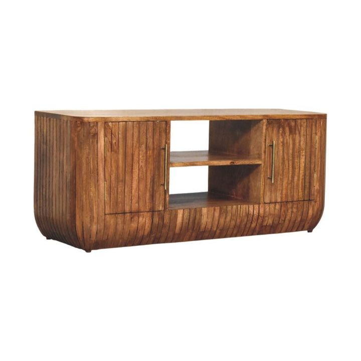Fluted Media Console with Shelves - Solid Mango Wood TV Stand for Living Room - product view 3 showing handcrafted solid...