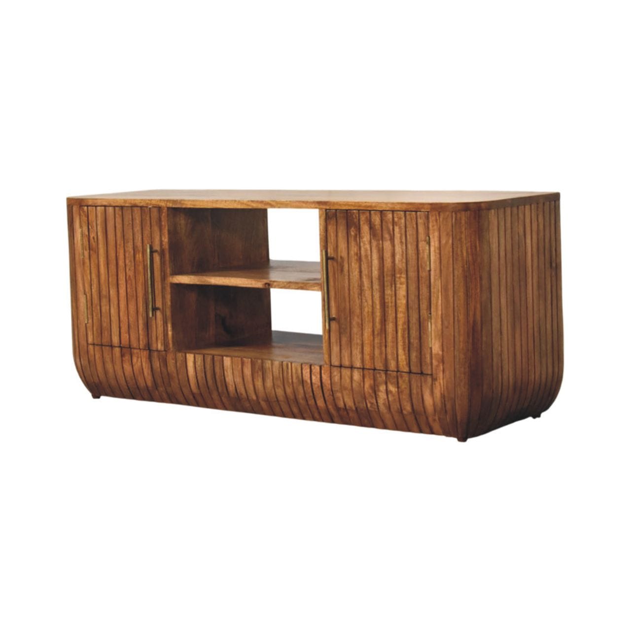 Fluted Media Console with Shelves - Solid Mango Wood TV Stand for Living Room - product view 2 showing handcrafted solid...