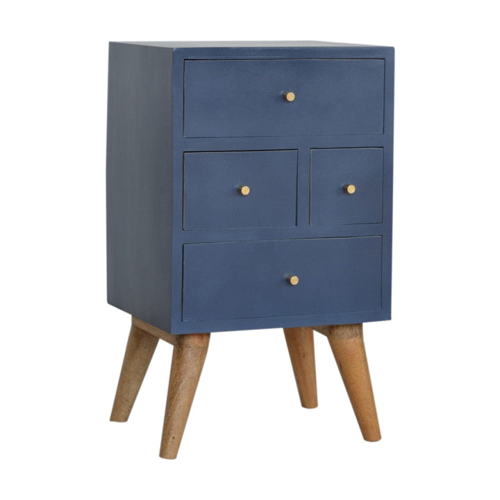 Functional Navy 4 Drawer Nightstand - Solid Mango Wood Bedside Table for Bedroom - product view 3 showing handcrafted...