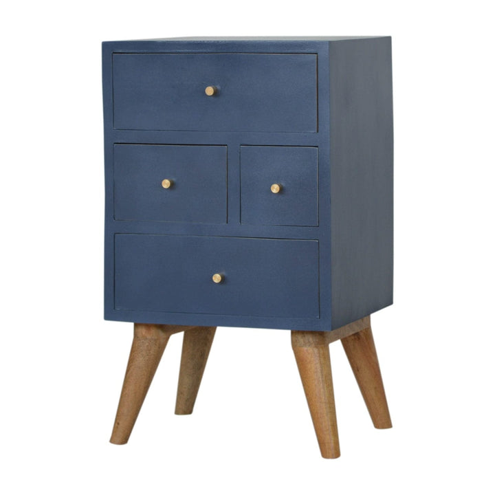 Functional Navy 4 Drawer Nightstand - Solid Mango Wood Bedside Table for Bedroom - product view 2 showing handcrafted...