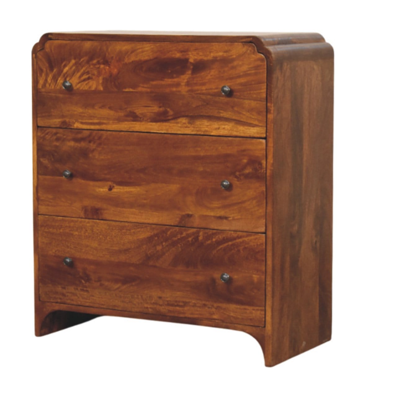 Functional mango wood chest of drawers with three spacious storage drawers for bedroom organization.