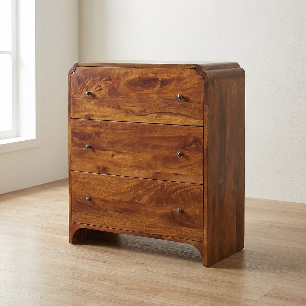 Functional mango wood chest of drawers with three spacious drawers for bedroom storage.