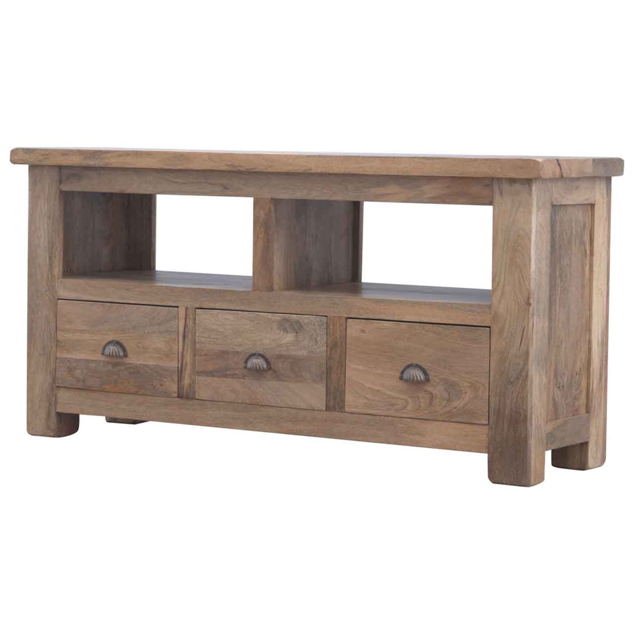 Functional Open Slot 3 Drawer TV Stand - Solid Mango Wood Entertainment Center for Living Room - product view 8 showing...