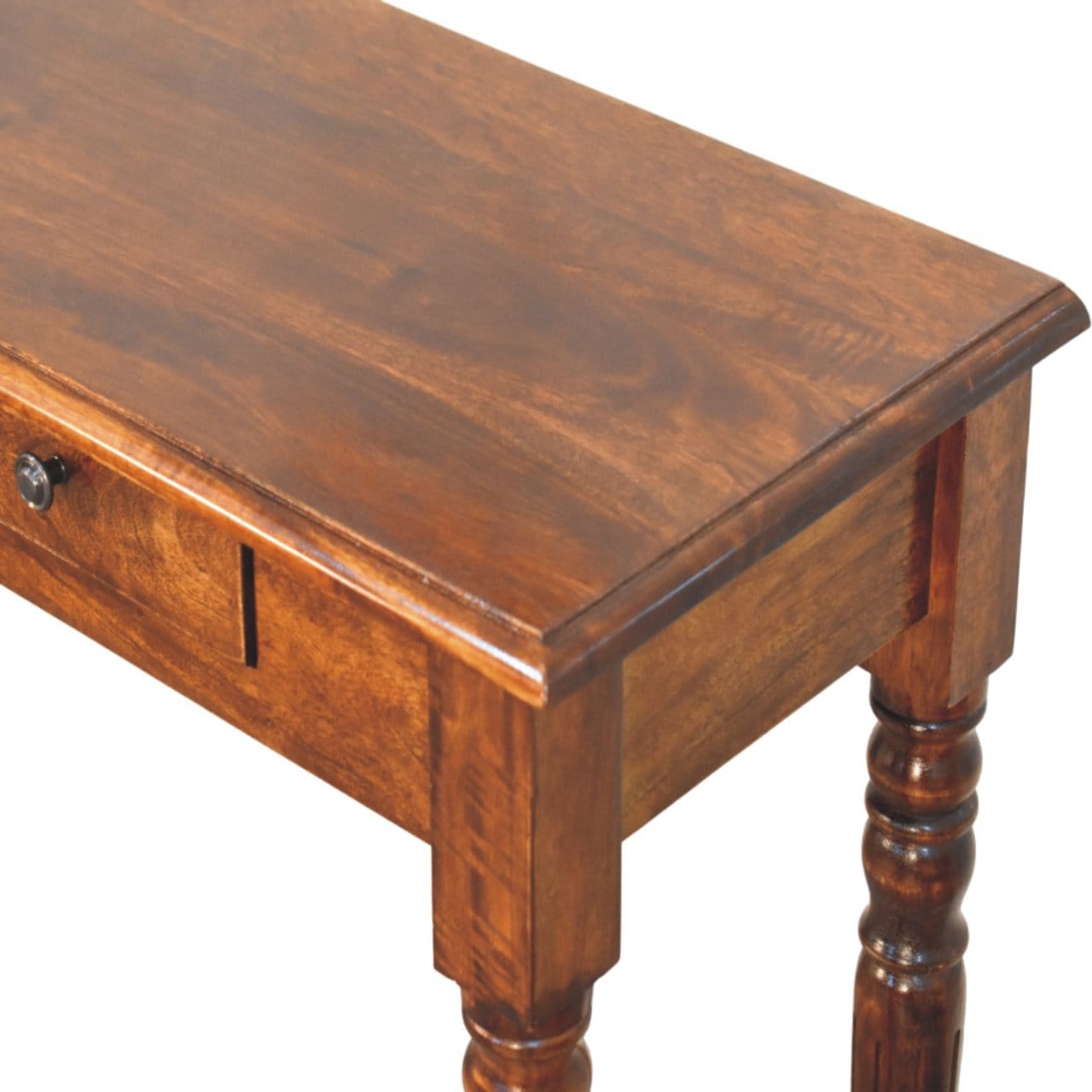 Functional Turned Legs 3 Drawer Chestnut Console Table - Entryway & Hallway Table - product view 5 showing handcrafted...