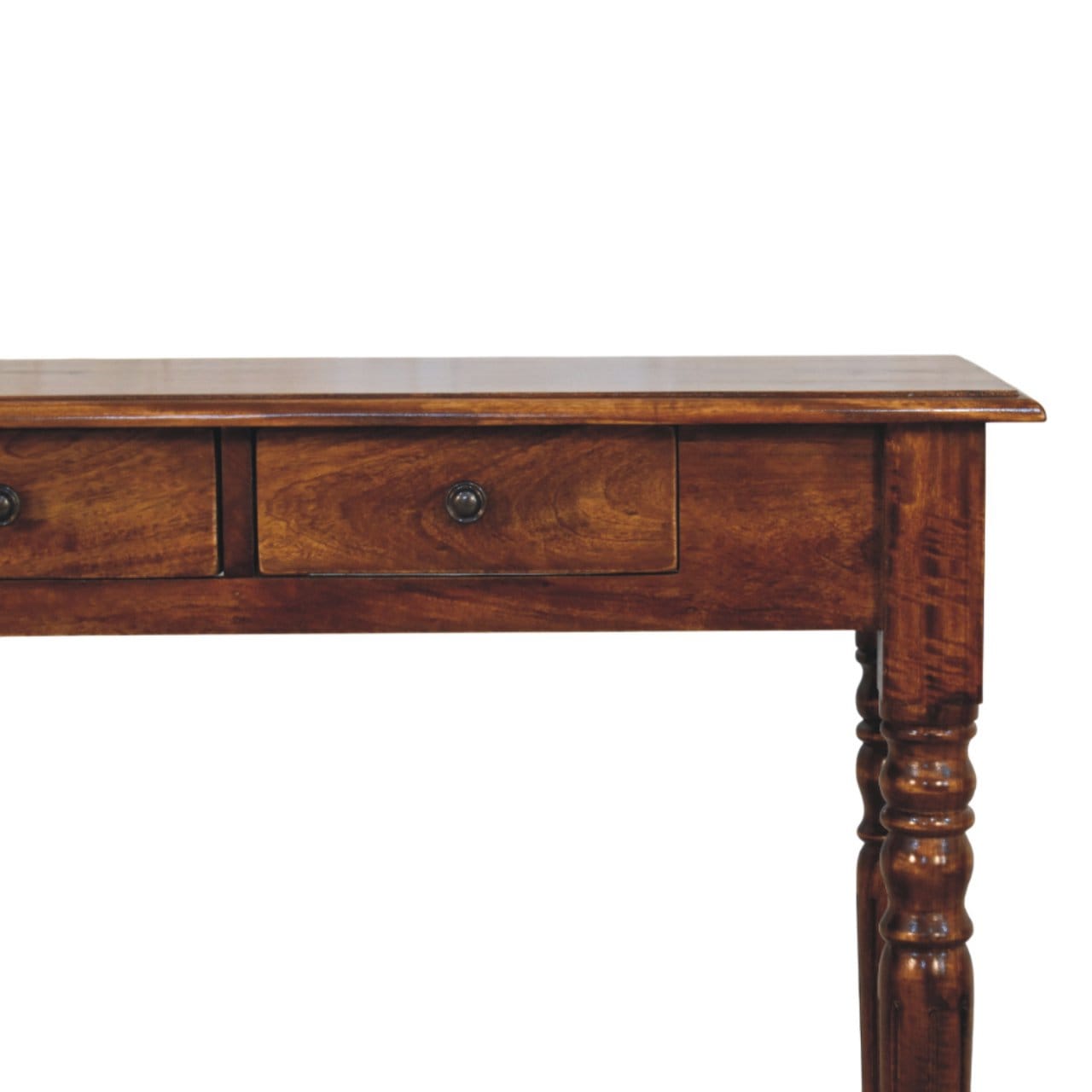 Functional Turned Legs 3 Drawer Chestnut Console Table - Entryway & Hallway Table - product view 4 showing handcrafted...
