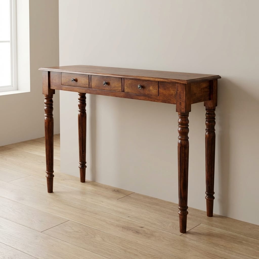 Functional Turned Legs 3 Drawer Chestnut Console Table - Entryway & Hallway Table - main view showing handcrafted solid...