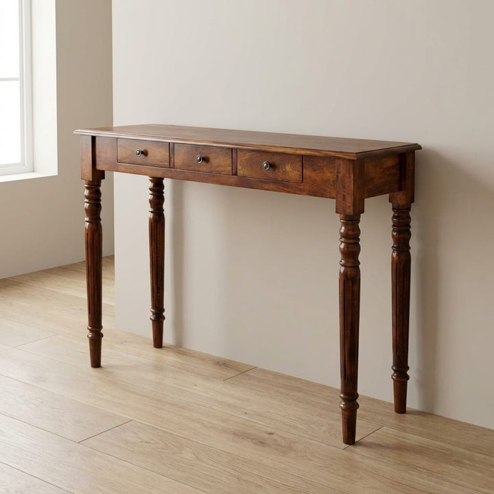 Functional Turned Legs 3 Drawer Chestnut Console Table - Entryway & Hallway Table - main view showing handcrafted solid...