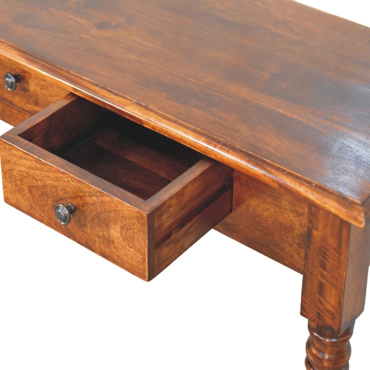 Functional Turned Legs 3 Drawer Chestnut Console Table - Entryway & Hallway Table - product view 6 showing handcrafted...