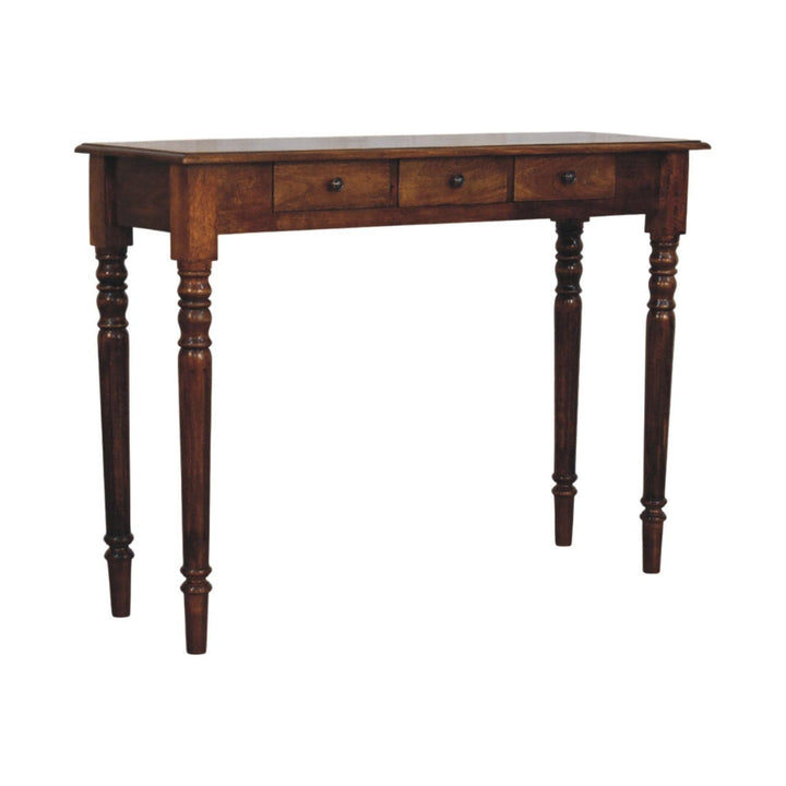 Functional Turned Legs 3 Drawer Chestnut Console Table - Entryway & Hallway Table - product view 2 showing handcrafted...
