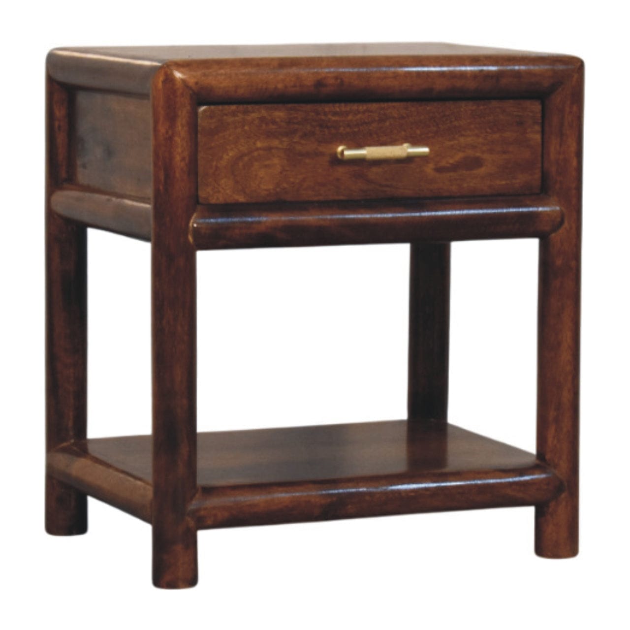 Glamorous Regency Chestnut Nightstand - Solid Mango Wood Bedside Table for Bedroom - product view 3 showing handcrafted...
