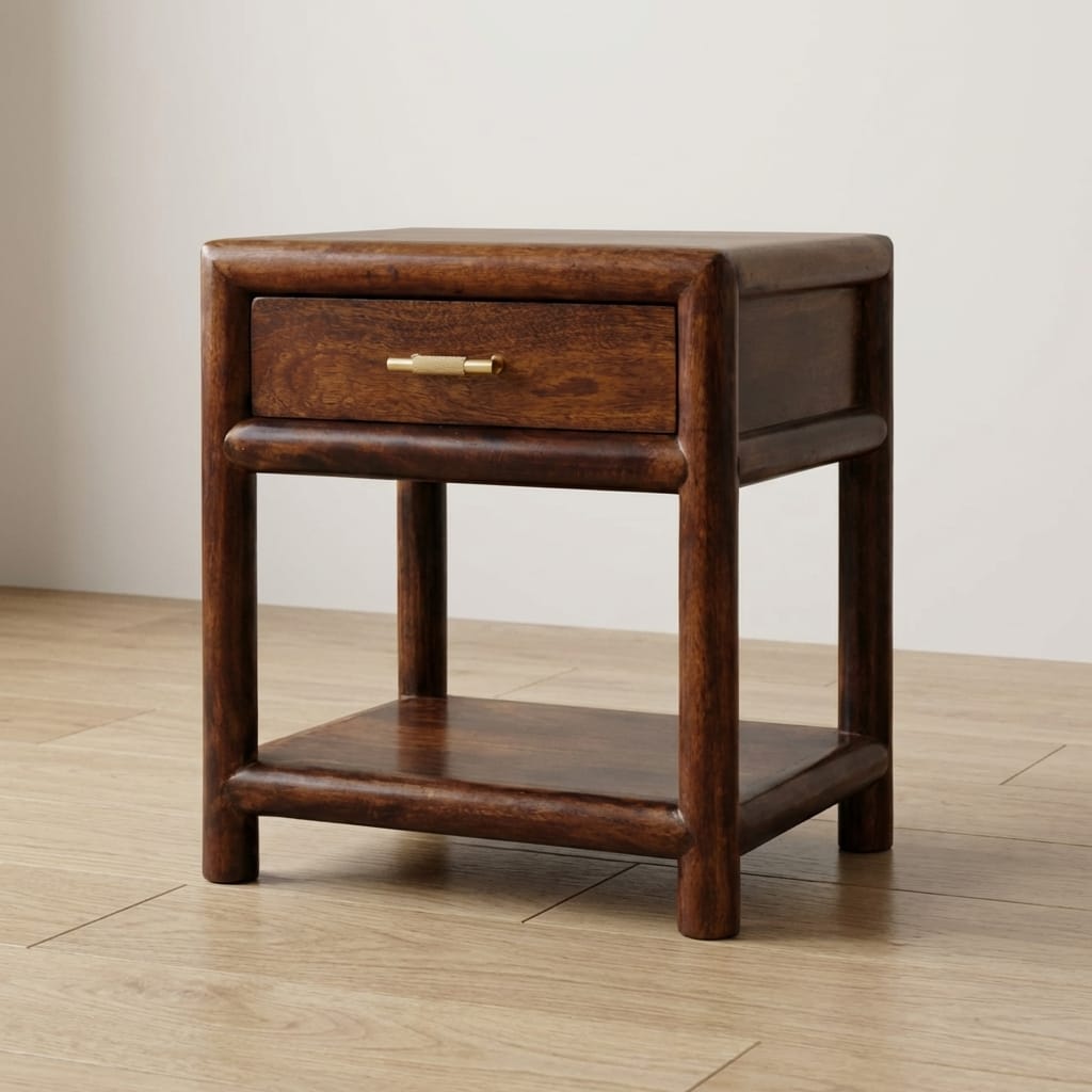 Glamorous Regency Chestnut Nightstand - Solid Mango Wood Bedside Table for Bedroom - main view showing handcrafted solid...