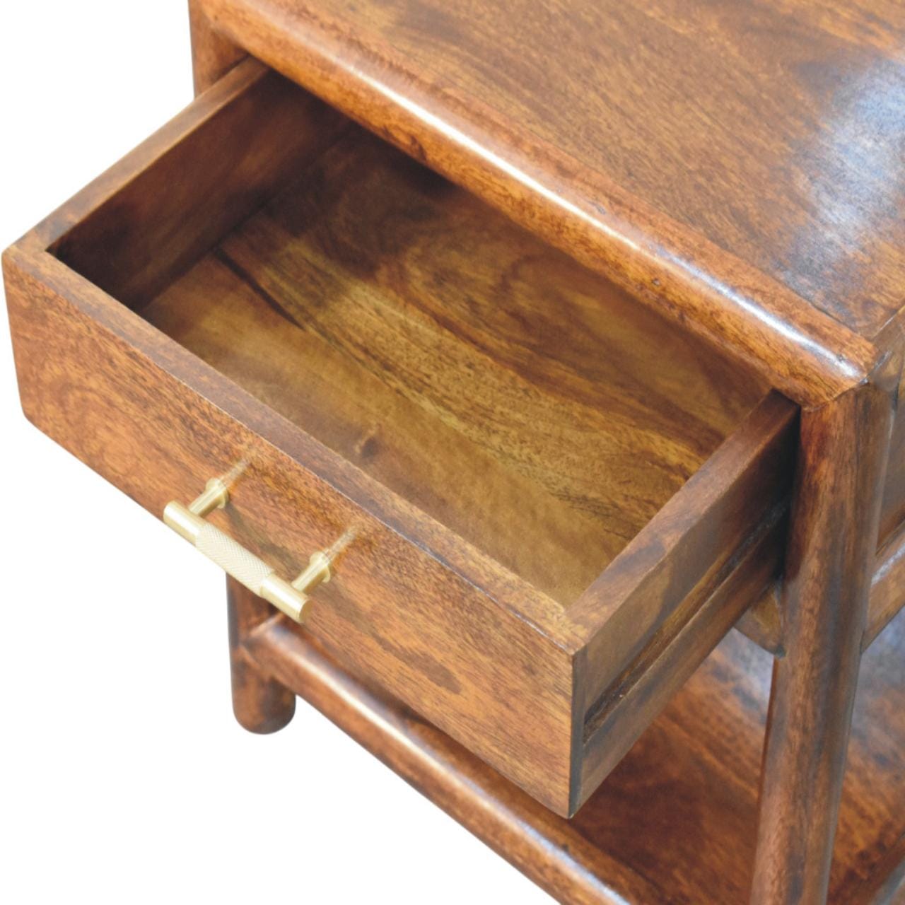 Glamorous Regency Chestnut Nightstand - Solid Mango Wood Bedside Table for Bedroom - product view 6 showing handcrafted...