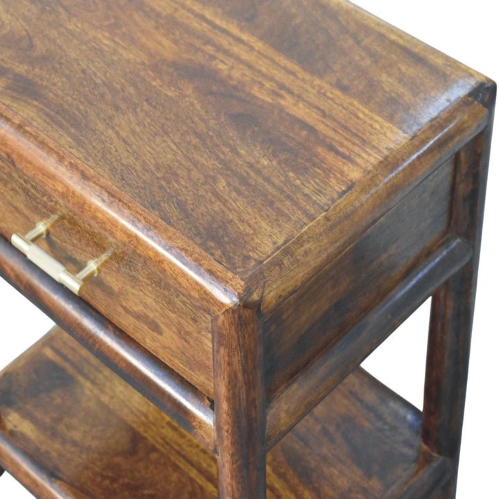 Glamorous Regency Chestnut Nightstand - Solid Mango Wood Bedside Table for Bedroom - product view 5 showing handcrafted...