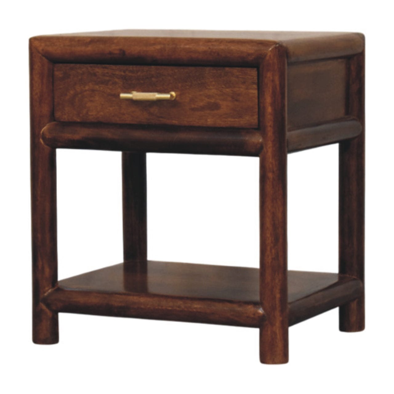 Glamorous Regency Chestnut Nightstand - Solid Mango Wood Bedside Table for Bedroom - product view 2 showing handcrafted...