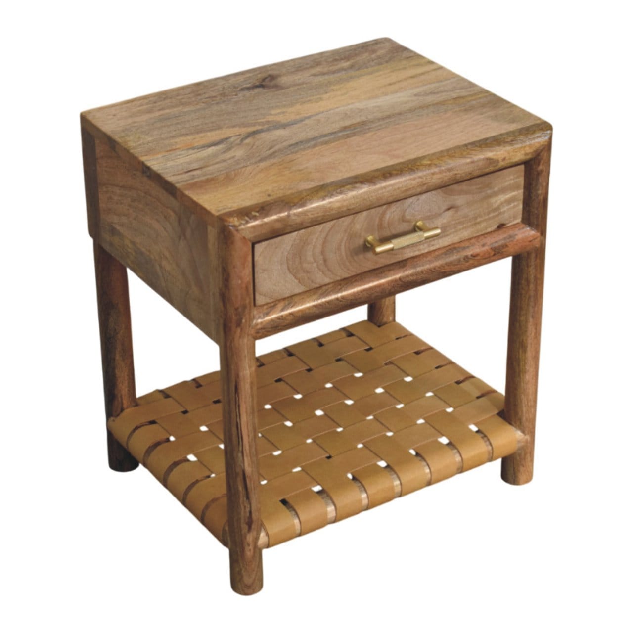 Glamorous Regency Woven Oak-ish Nightstand - Solid Mango Wood Bedside Table for Bedroom - product view 6 showing...