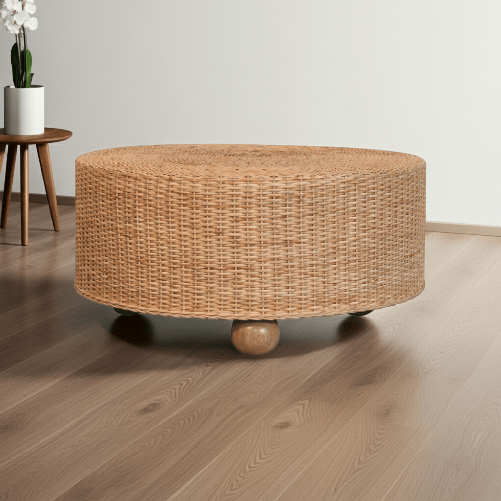 Glamorous Regency Round Woven Coffee Table - Solid Mango Wood Center Table for Living Room - main view showing...