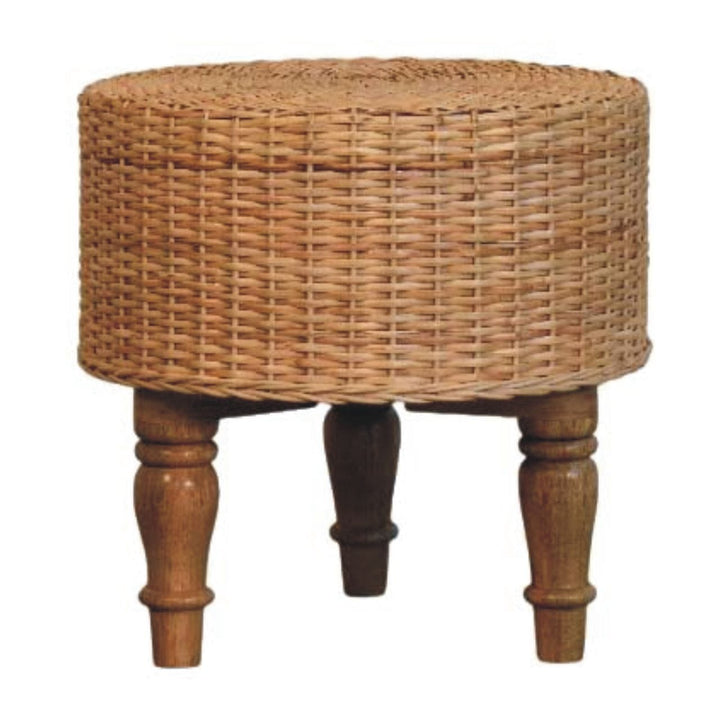 Glamorous Regency Round Woven Stool - Solid Mango Wood Accent Seating - product view 4 showing handcrafted solid mango...