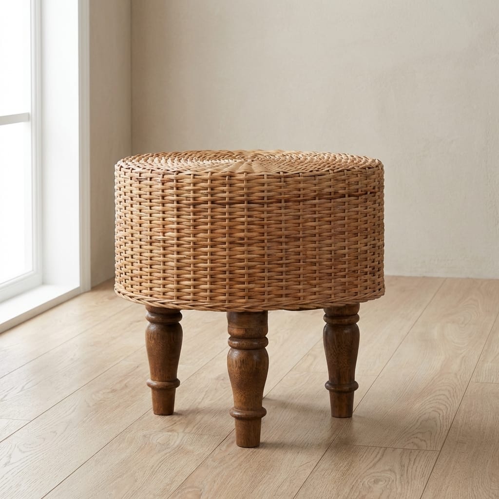 Glamorous Regency Round Woven Stool - Solid Mango Wood Accent Seating - main view showing handcrafted solid mango wood stool