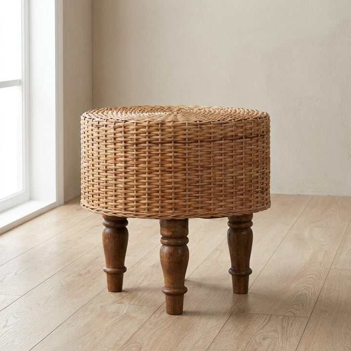 Glamorous Regency Round Woven Stool - Solid Mango Wood Accent Seating - main view showing handcrafted solid mango wood stool