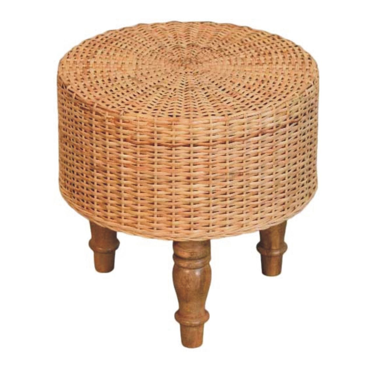 Glamorous Regency Round Woven Stool - Solid Mango Wood Accent Seating - product view 2 showing handcrafted solid mango...