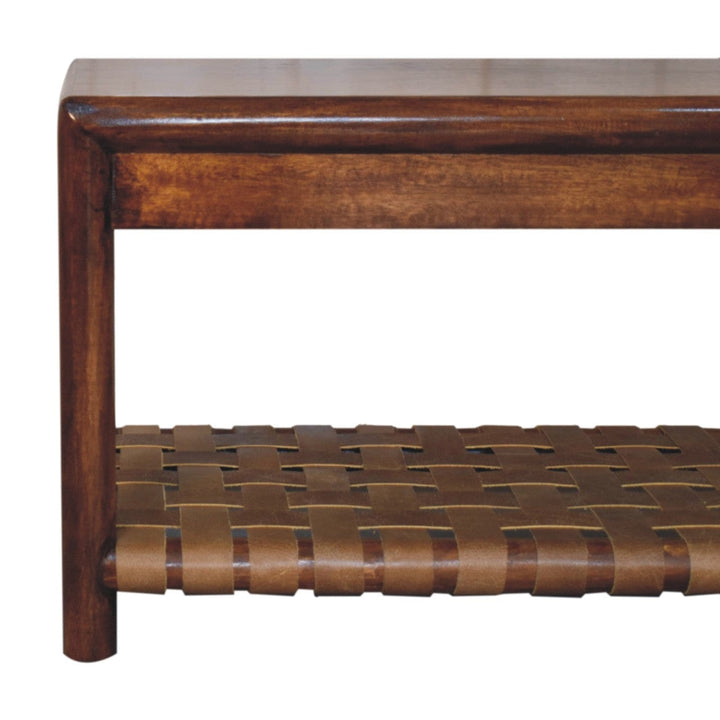 Glamorous Regency Woven Bench - Solid Mango Wood Seating Furniture for Entryway - product view 3 showing handcrafted...