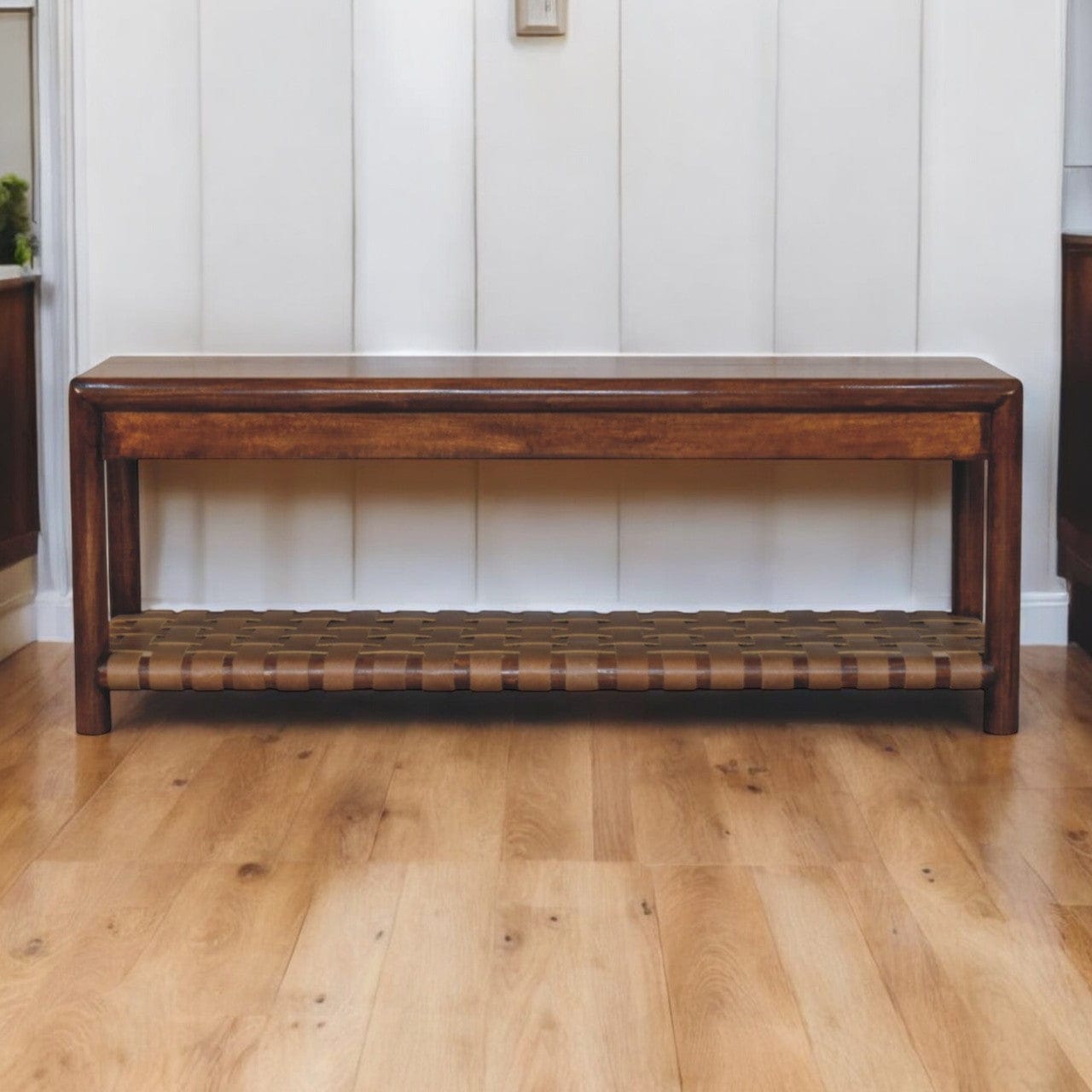 Glamorous Regency Woven Bench - Solid Mango Wood Seating Furniture for Entryway - product view 7 showing handcrafted...