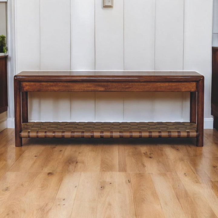 Glamorous Regency Woven Bench - Solid Mango Wood Seating Furniture for Entryway - product view 7 showing handcrafted...