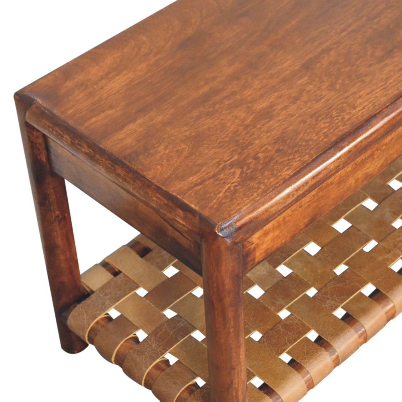 Glamorous Regency Woven Bench - Solid Mango Wood Seating Furniture for Entryway - product view 4 showing handcrafted...