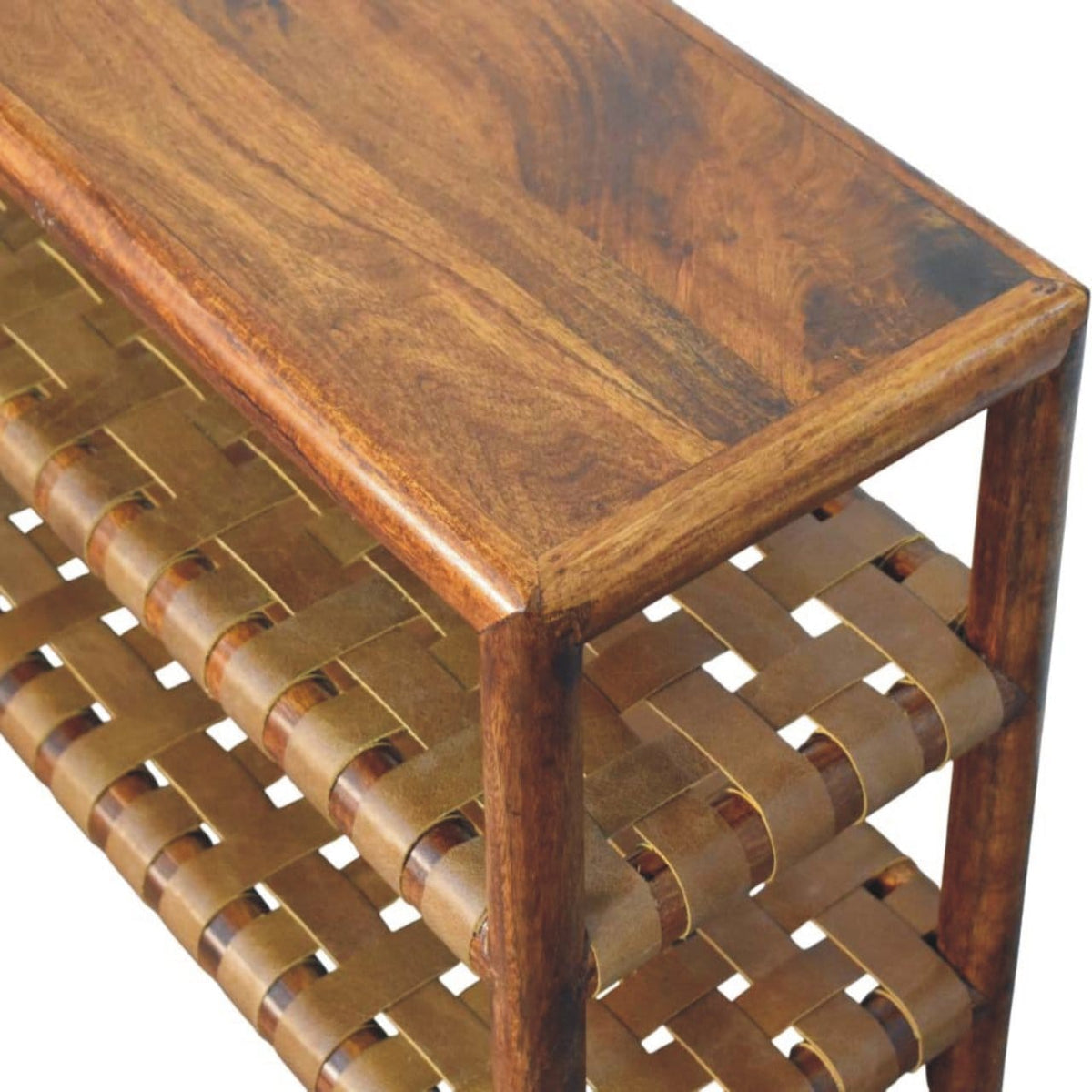 Glamorous Regency Woven Chestnut 2 slot Shoe Rack - Solid Mango Wood Shoe Organizer for Entryway - product view 5 showing...
