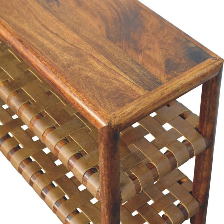 Glamorous Regency Woven Chestnut 2 slot Shoe Rack - Solid Mango Wood Shoe Organizer for Entryway - product view 5 showing...