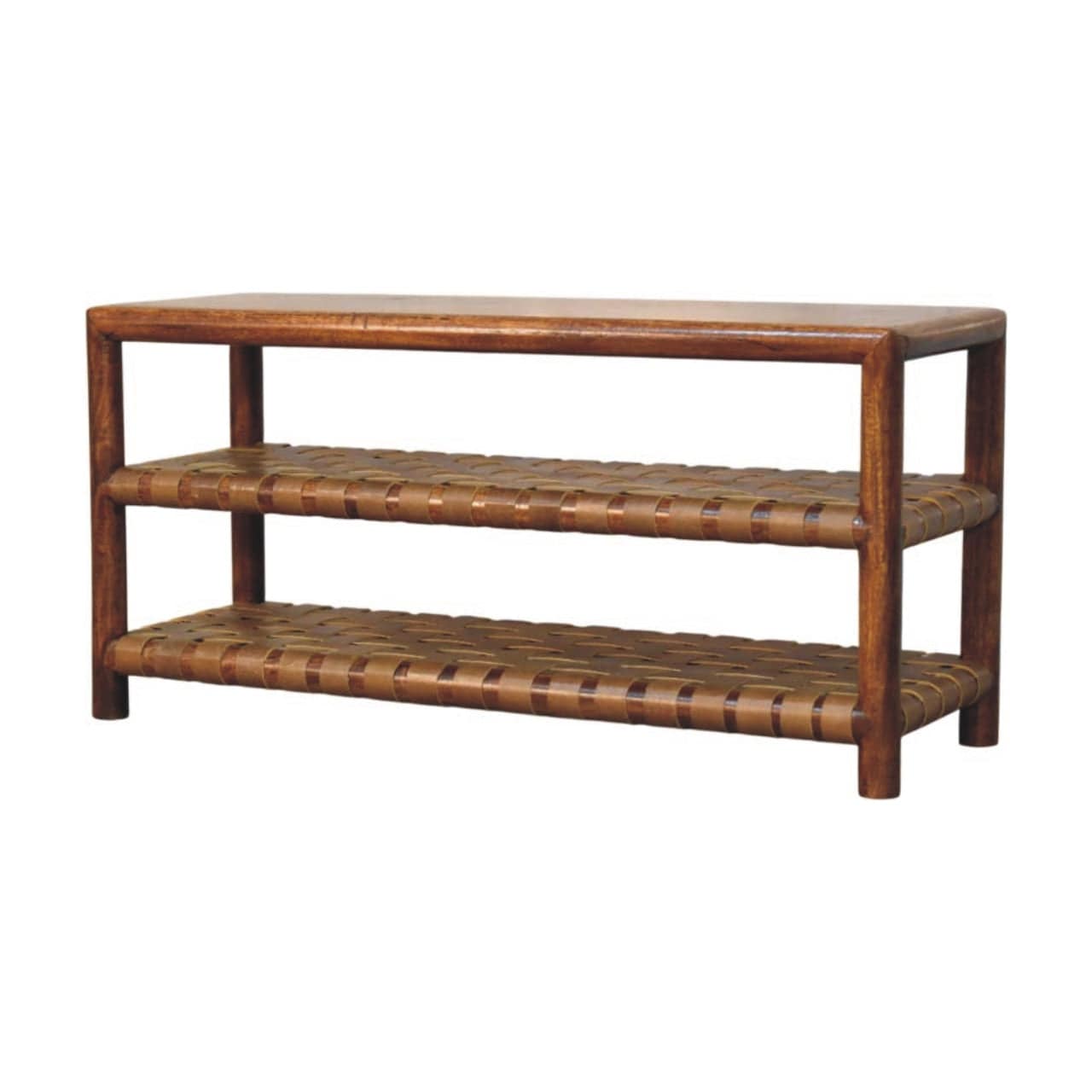 Glamorous Regency Woven Chestnut 2 slot Shoe Rack - Solid Mango Wood Shoe Organizer for Entryway - main view showing...