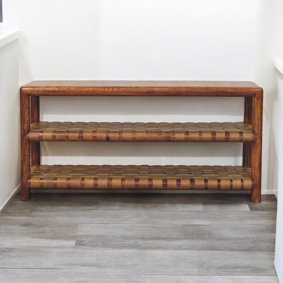 Glamorous Regency Woven Chestnut 2 slot Shoe Rack - Solid Mango Wood Shoe Organizer for Entryway - product view 8 showing...