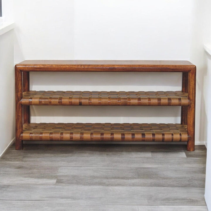 Glamorous Regency Woven Chestnut 2 slot Shoe Rack - Solid Mango Wood Shoe Organizer for Entryway - product view 8 showing...