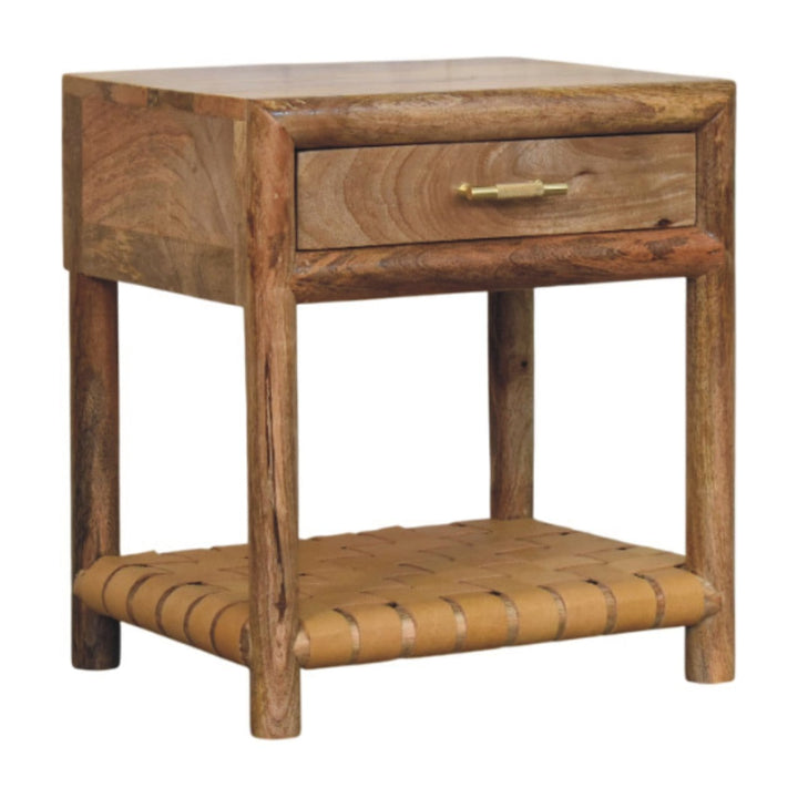 Glamorous Regency Woven Oak-ish Nightstand - Solid Mango Wood Bedside Table for Bedroom - product view 2 showing...